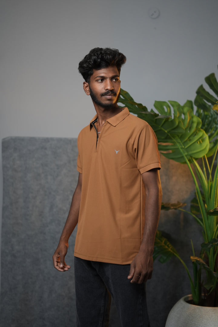 Men’s Solid Zipper Polo T-Shirt – Casual Half Sleeve Polo Tee - Brown