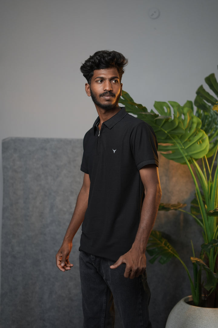 Men’s Solid Zipper Polo T-Shirt – Casual Half Sleeve Polo Tee - Black