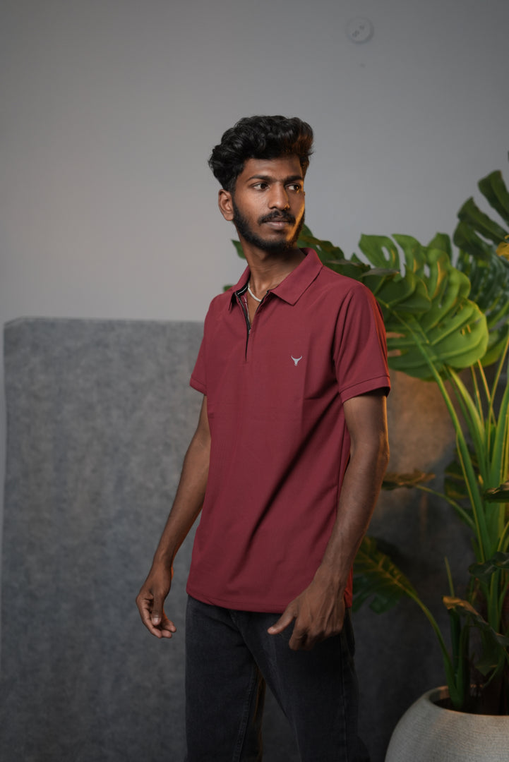 Men’s Solid Zipper Polo T-Shirt – Casual Half Sleeve Polo Tee - Maroon