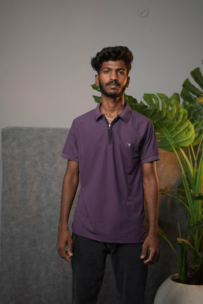 Men’s Solid Zipper Polo T-Shirt – Casual Half Sleeve Polo Tee - Purple