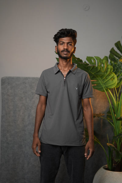 Men’s Solid Zipper Polo T-Shirt – Casual Half Sleeve Polo Tee - Grey