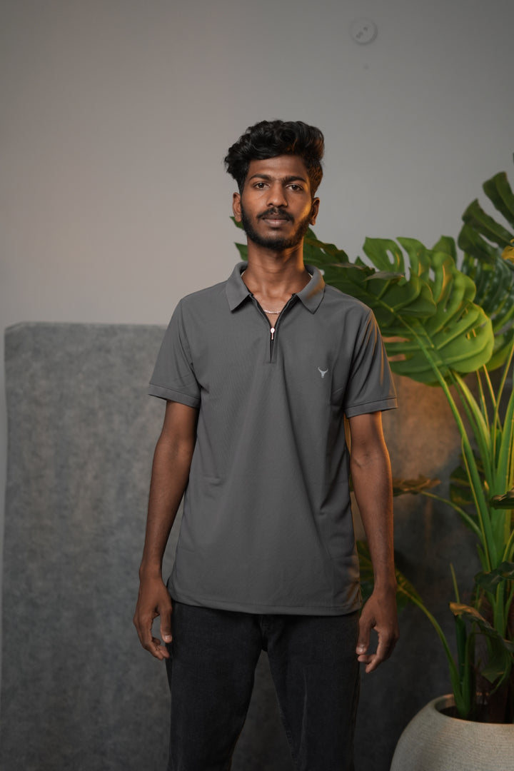 Men’s Solid Zipper Polo T-Shirt – Casual Half Sleeve Polo Tee - Grey