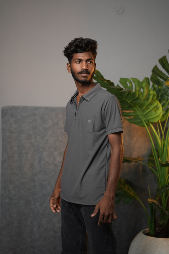 Men’s Solid Zipper Polo T-Shirt – Casual Half Sleeve Polo Tee - Grey – alternate view – 7MAN India