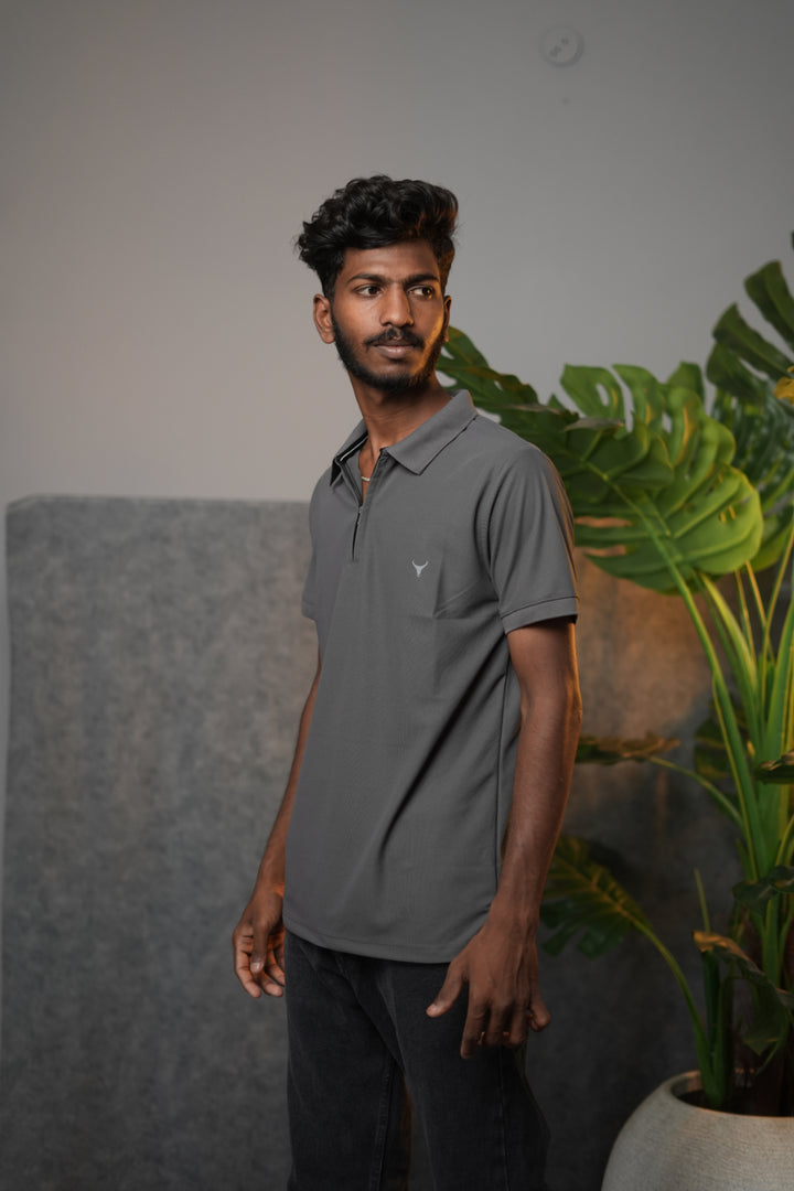 Men’s Solid Zipper Polo T-Shirt – Casual Half Sleeve Polo Tee - Grey