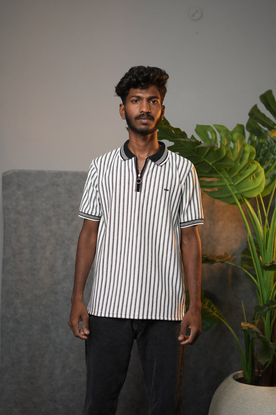Men’s Striped Zipper Polo waffle T-Shirt – Half Sleeve Korean Style Casual Tee - White – 7MAN Men's Fashion India
