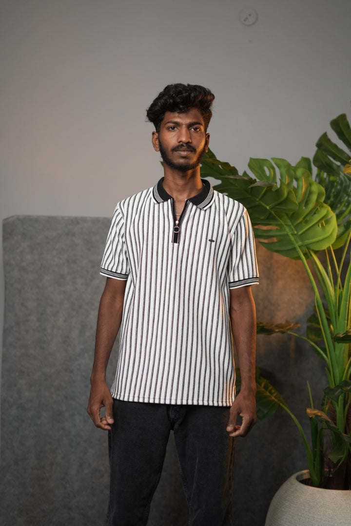 Men’s Striped Zipper Polo T-Shirt – Half Sleeve Korean Style Casual Tee - White