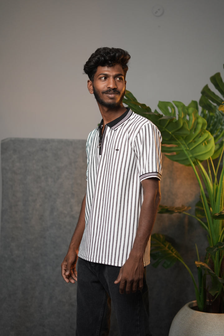 Men’s Striped Zipper Polo T-Shirt – Half Sleeve Korean Style Casual Tee - White