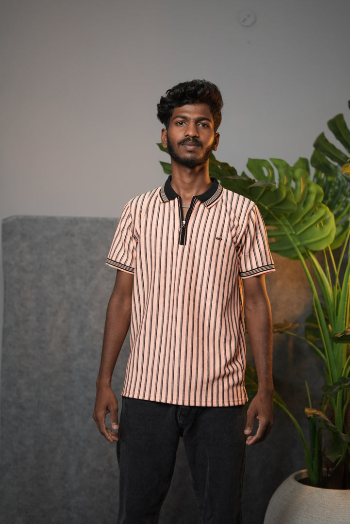 Men’s Striped Zipper Polo T-Shirt – Half Sleeve Korean Style Casual Tee - Peach