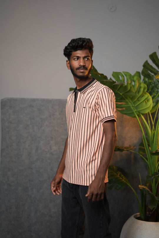 Men’s Striped Zipper Polo waffle T-Shirt – Half Sleeve Korean Style Casual Tee - Peach – alternate view – 7MAN India