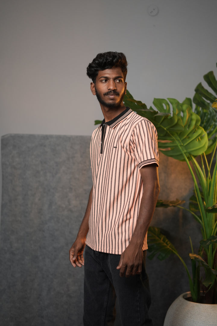Men’s Striped Zipper Polo T-Shirt – Half Sleeve Korean Style Casual Tee - Peach
