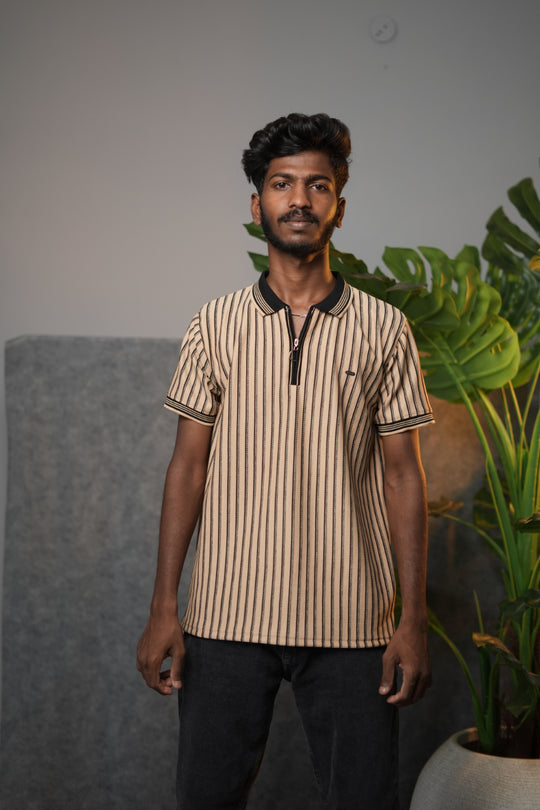 Men’s Striped Zipper Polo waffle T-Shirt – Half Sleeve Korean Style Casual Tee - Beige – 7MAN Men's Fashion India