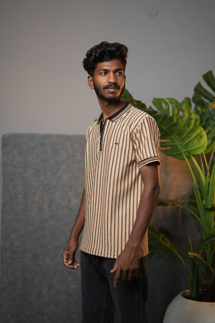 Men’s Striped Zipper Polo T-Shirt – Half Sleeve Korean Style Casual Tee - Beige