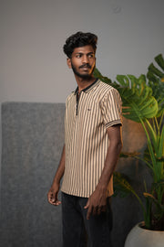 Men’s Striped Zipper Polo T-Shirt – Half Sleeve Korean Style Casual Tee - Beige