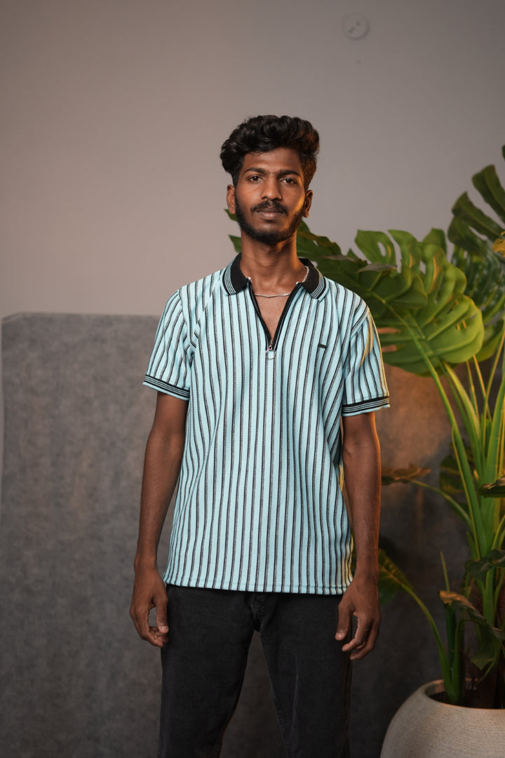 Men’s Striped Zipper Polo T-Shirt – Half Sleeve Korean Style Casual Tee - Light Blue