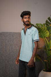 Men’s Striped Zipper Polo T-Shirt – Half Sleeve Korean Style Casual Tee - Light Blue