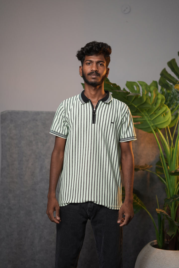 Men’s Striped Zipper Polo T-Shirt – Half Sleeve Korean Style Casual Tee - Green