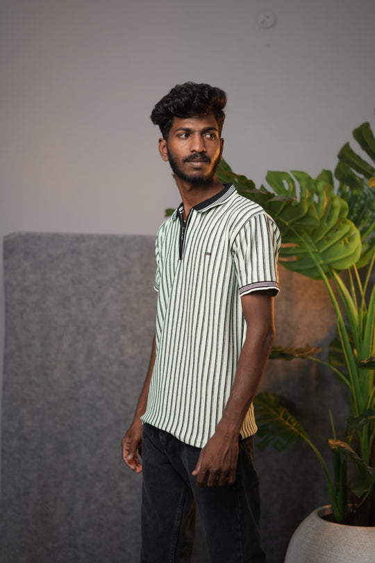 Men’s Striped Zipper Polo waffle T-Shirt – Half Sleeve Korean Style Casual Tee - Green – alternate view – 7MAN India