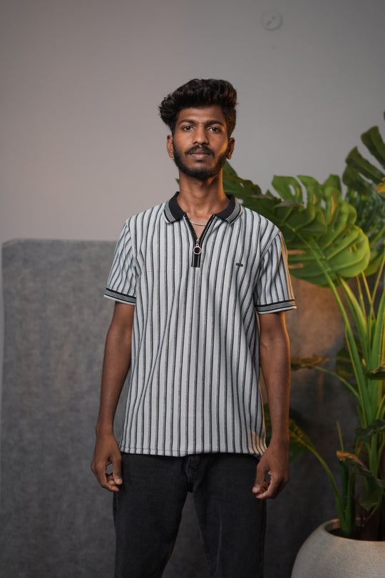 Men’s Striped Zipper Polo waffle T-Shirt – Half Sleeve Korean Style Casual Tee - Grey – 7MAN Men's Fashion India