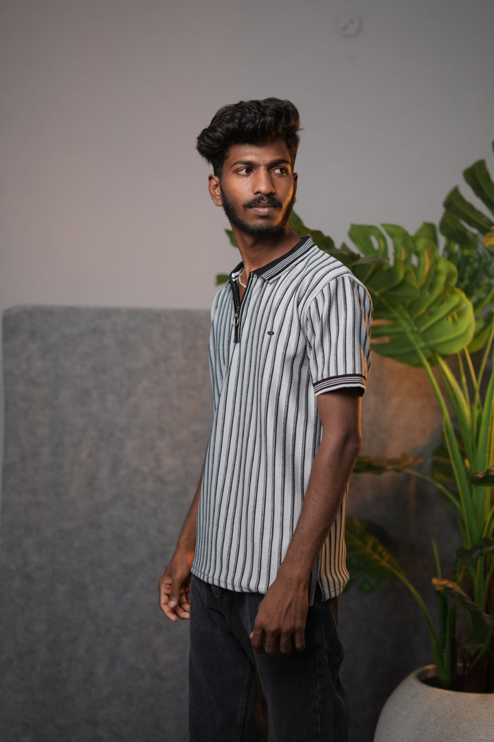 Men’s Striped Zipper Polo T-Shirt – Half Sleeve Korean Style Casual Tee - Grey