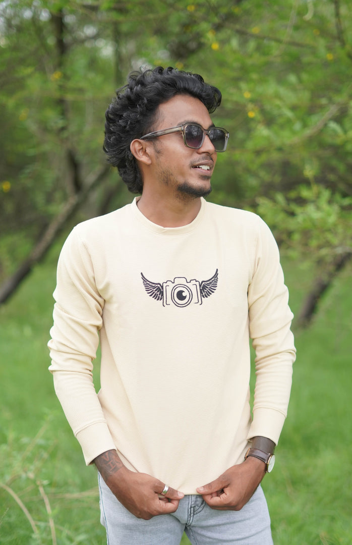 Full Sleeve Round Neck Mens CAMERA T-shirt Design in Yellow