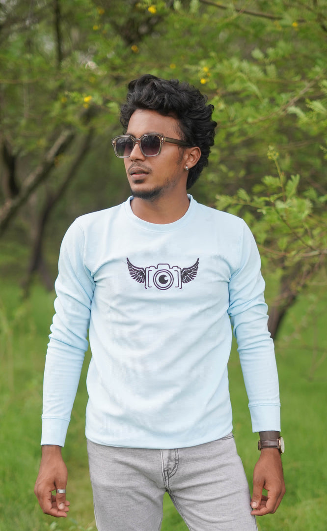 Full Sleeve Round Neck Mens CAMERA T-shirt Design in Sky Blue