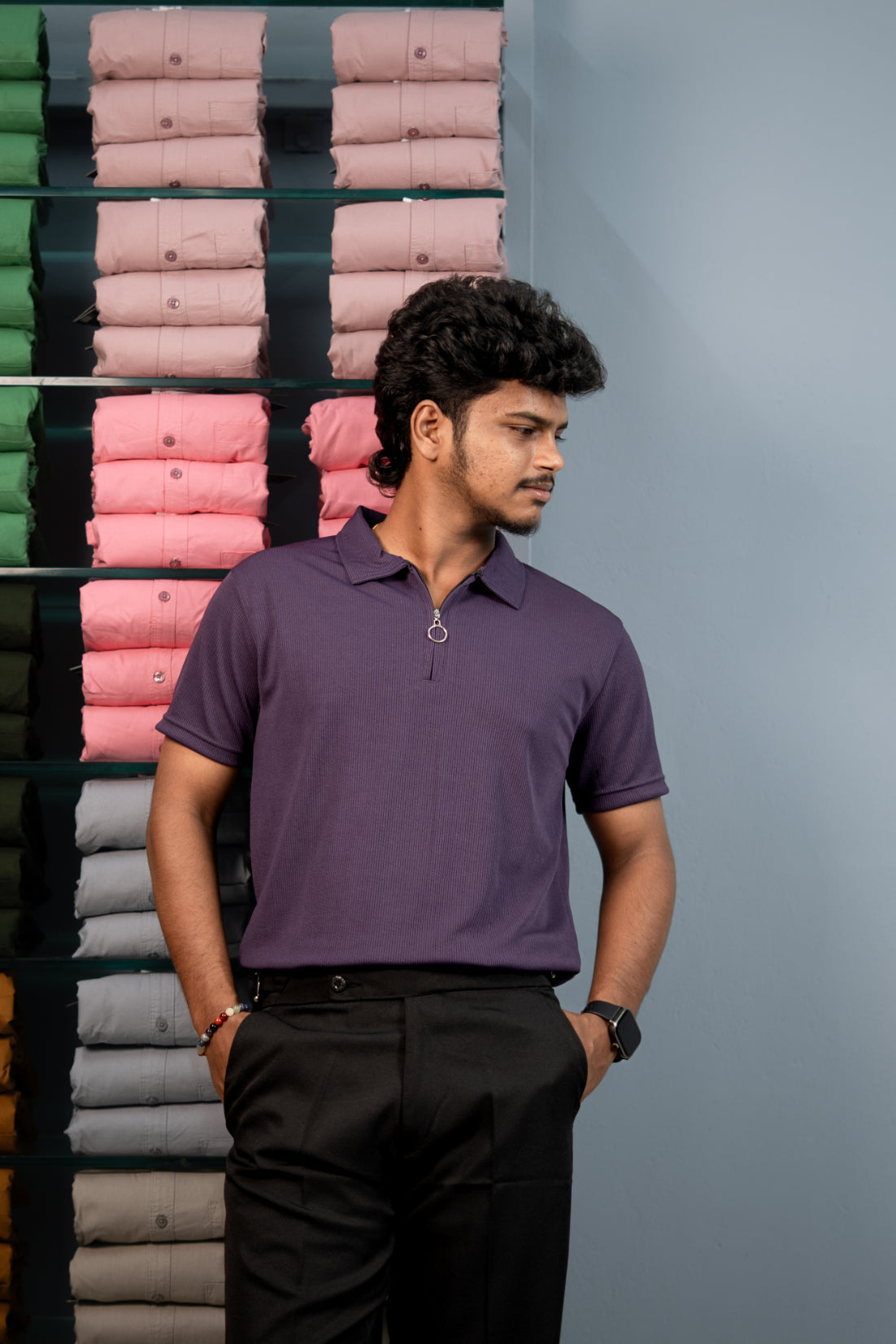 Trendy Men’s Half Sleeve MARIO RIB Zip Collar T-Shirt - Dark Violet