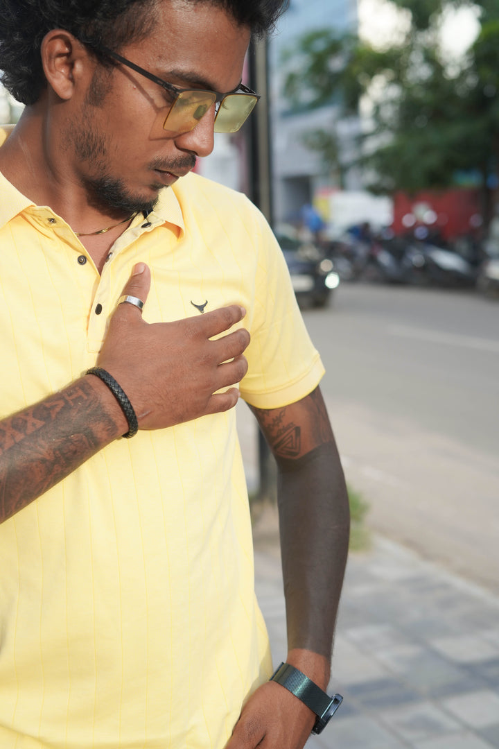 Collar Neck Half Sleeve Striped T-shirt for Mens in Yellow