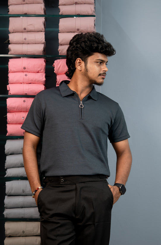 Trendy Men’s Half Sleeve MARIO RIB Zip Collar T-Shirt - Dark Grey