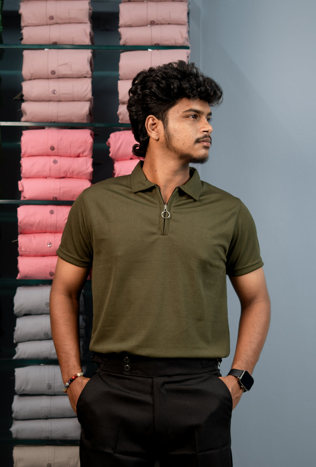 Trendy Men’s Half Sleeve MARIO RIB Zip Collar T-Shirt - Mahendhi Green