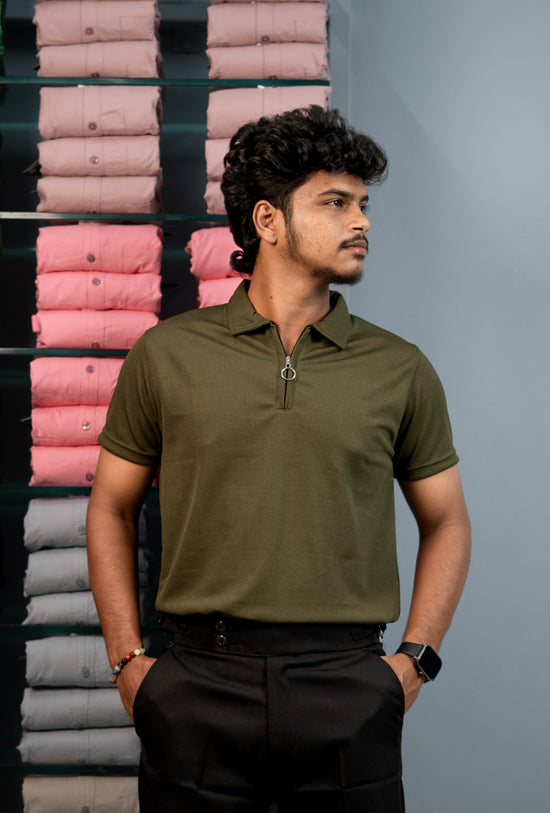 Trendy Men’s Half Sleeve MARIO RIB Zip Collar T-Shirt - Mahendhi Green