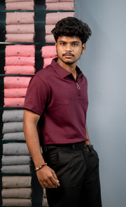 Korean Style Men's Short Sleeve MARIO RIB T-Shirt with Zipper Collar - Grape Shade