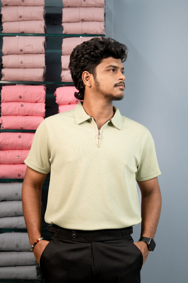 Mario Rib Korean Zipper T-Shirt for Men | Half Sleeve Polo Zip Neck -  Pista Green
