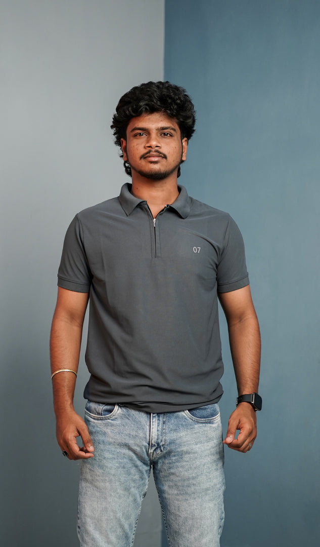 Short Sleeve Collar Neck 07 Korean Zipper Tshirt for Men  Grey mens trending streetwear India 7Man