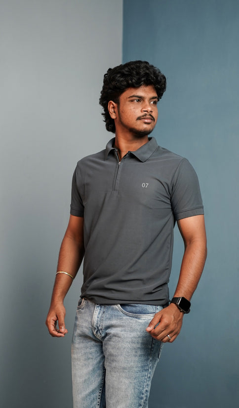 Short Sleeve Collar Neck 07 Korean Zipper Tshirt for Men - Grey