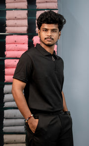 Korean Style Men's Short Sleeve MARIO RIB T-Shirt with Zipper Collar - Black