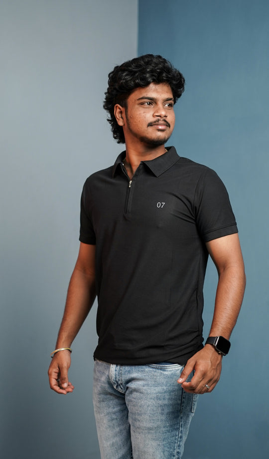 Short Sleeve Collar Neck 07 Korean Zipper Tshirt for Men - Black – alternate view – 7MAN India