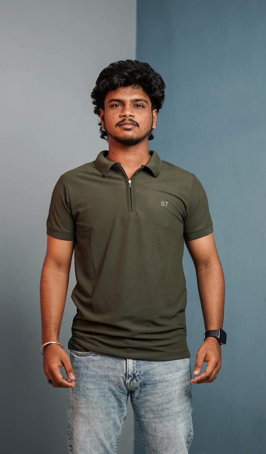 Short Sleeve Collar Neck 07 Korean Zipper Tshirt for Men - Mahendhi Green