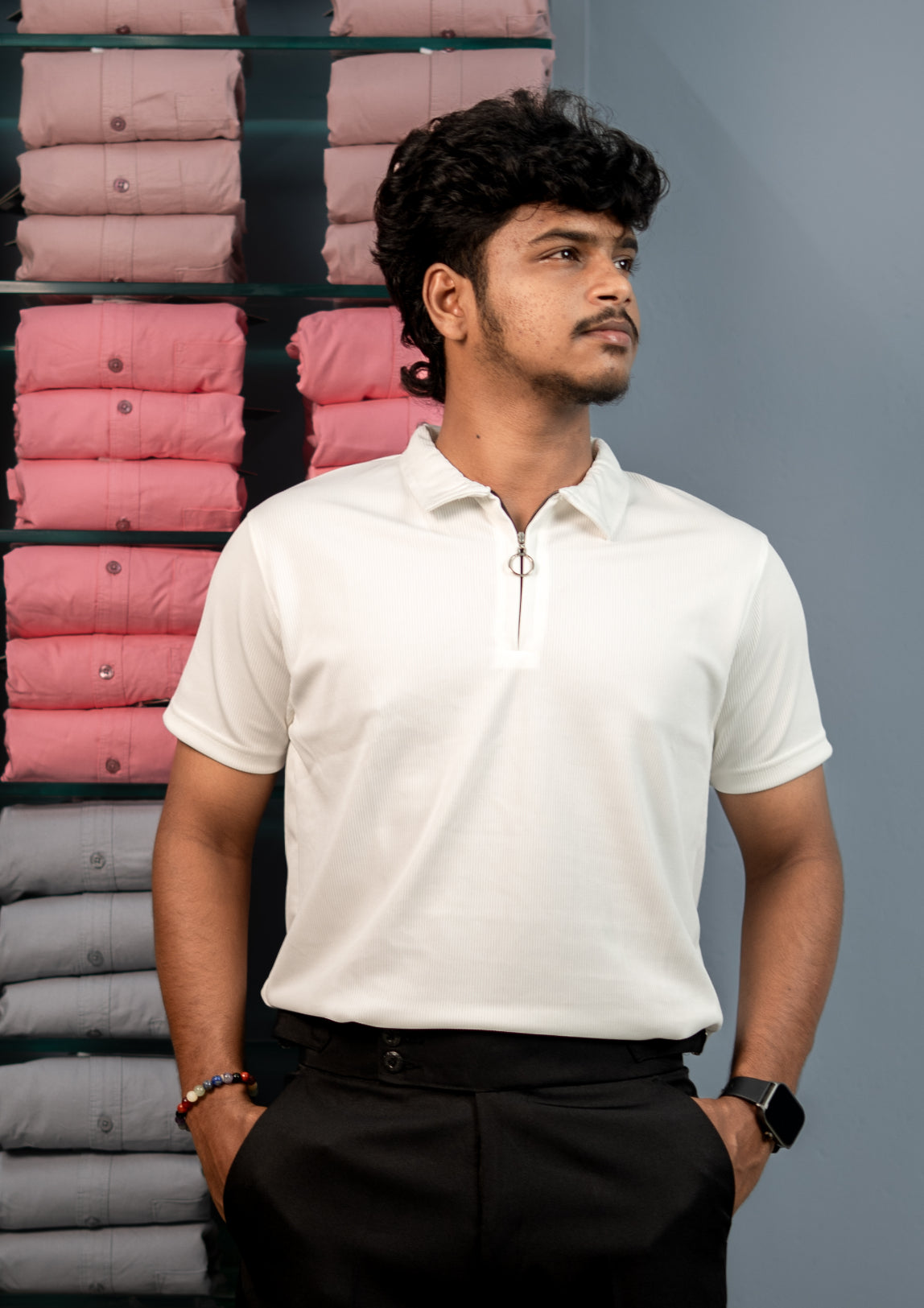 Trendy Men’s Half Sleeve MARIO RIB Zip Collar T-Shirt - White