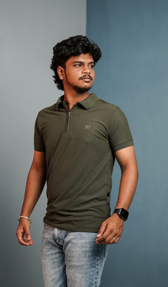 Short Sleeve Collar Neck 07 Korean Zipper Tshirt for Men - Mahendhi Green – alternate view – 7MAN India