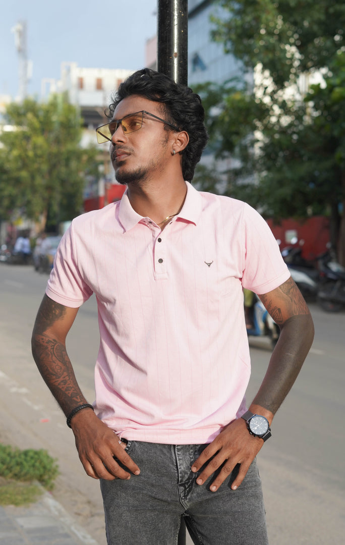 Collar Neck Half Sleeve Striped T-shirt for Mens in Pink