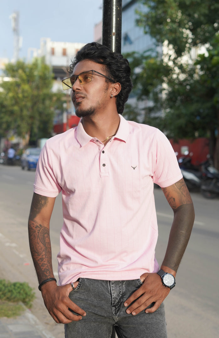 Collar Neck Half Sleeve Striped T-shirt for Mens in Pink