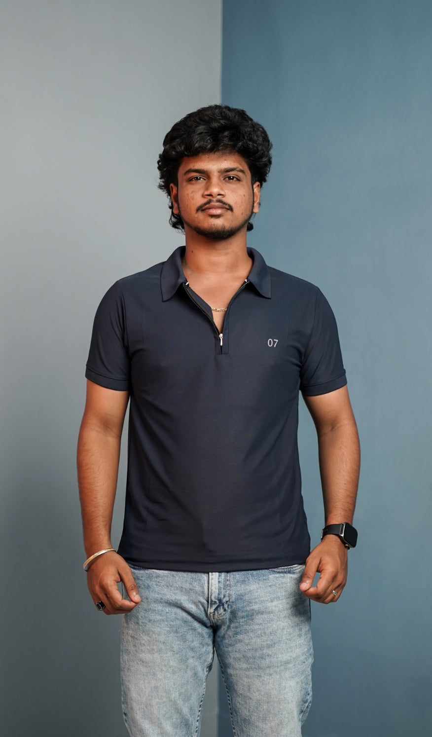 Short Sleeve Collar Neck 07 Korean Zipper Tshirt for Men - Navy Blue