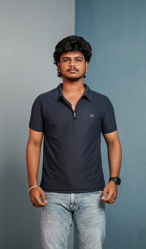 Short Sleeve Collar Neck 07 Korean Zipper Tshirt for Men - Navy Blue