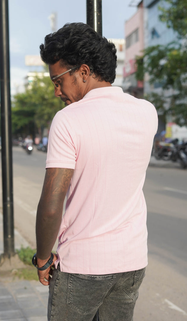 Collar Neck Half Sleeve Striped T-shirt for Mens in Pink