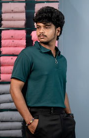 Trendy Men’s Half Sleeve MARIO RIB Zip Collar T-Shirt - Bottle Green