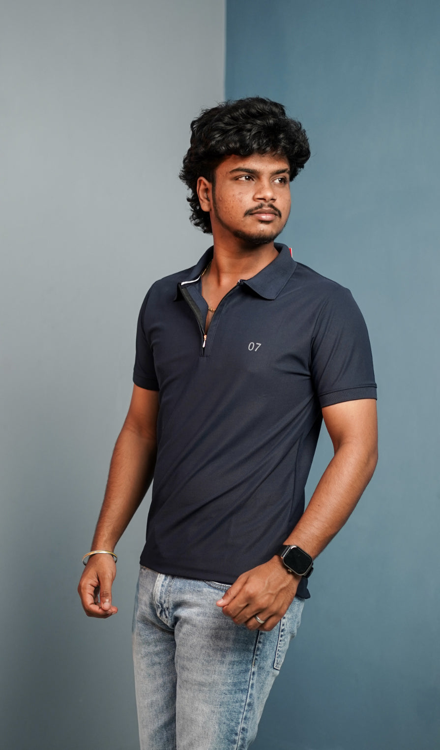 Short Sleeve Collar Neck 07 Korean Zipper Tshirt for Men - Navy Blue