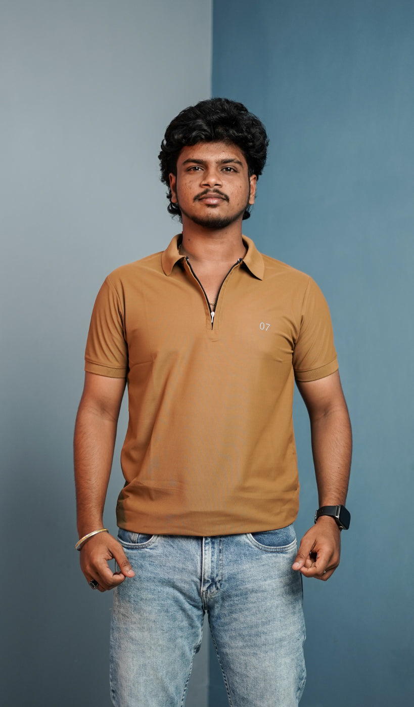 Short Sleeve Collar Neck 07 Korean Zipper Tshirt for Men - Brown