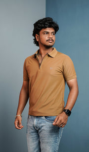 Short Sleeve Collar Neck 07 Korean Zipper Tshirt for Men - Brown