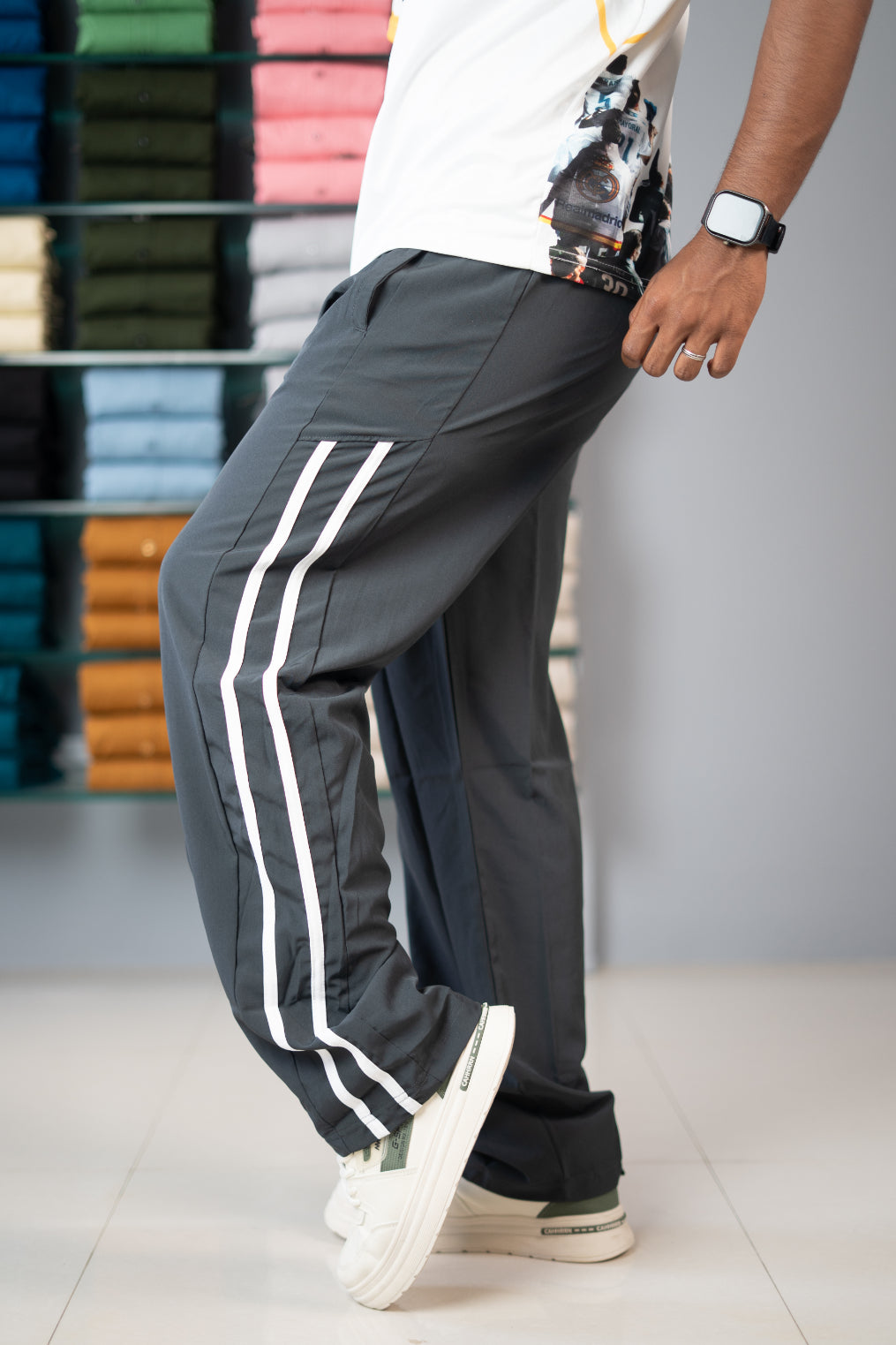 Men’s Two Strip Street Baggy Pants with White Stripe 2T- Grey