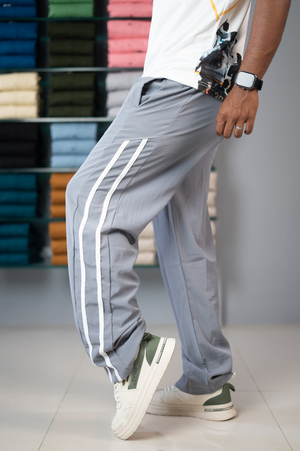 Men’s Two Strip Street Baggy Pants with White Stripe 2T - Ash